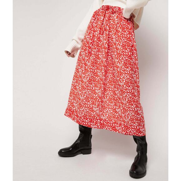 GANNI Floral Printed Crepe Midi Skirt Tomato Red Sz EU 32 / US 2 Made in India - Picture 9 of 9
